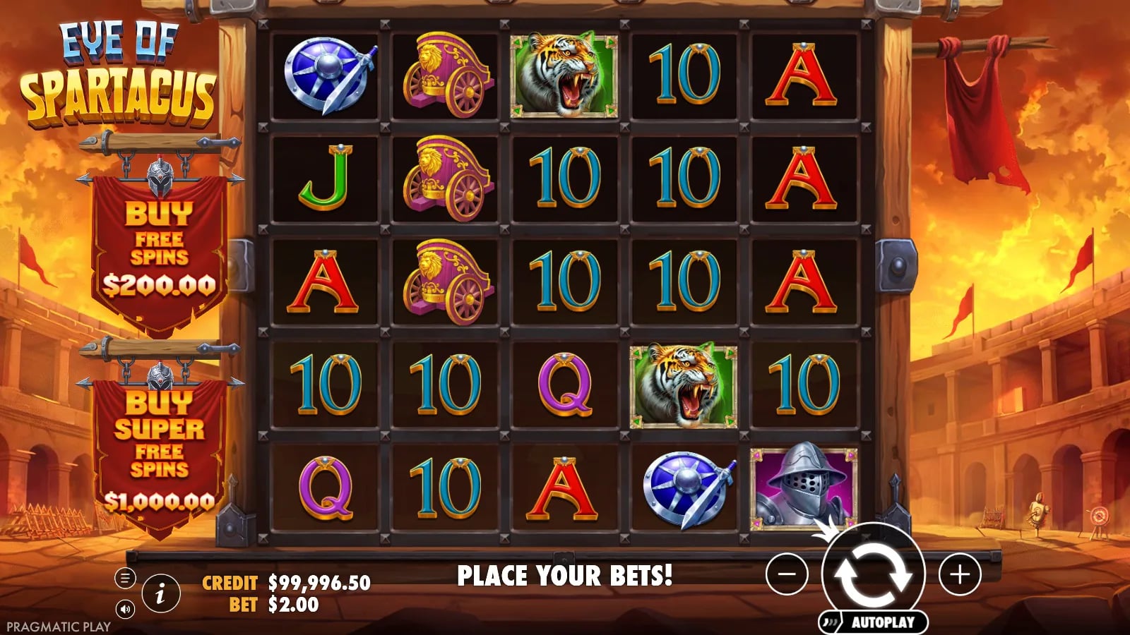 Eye of Spartacus ordinary 5×5 board and two Free Spins buy controls at a $2.00 virtual demo bet.