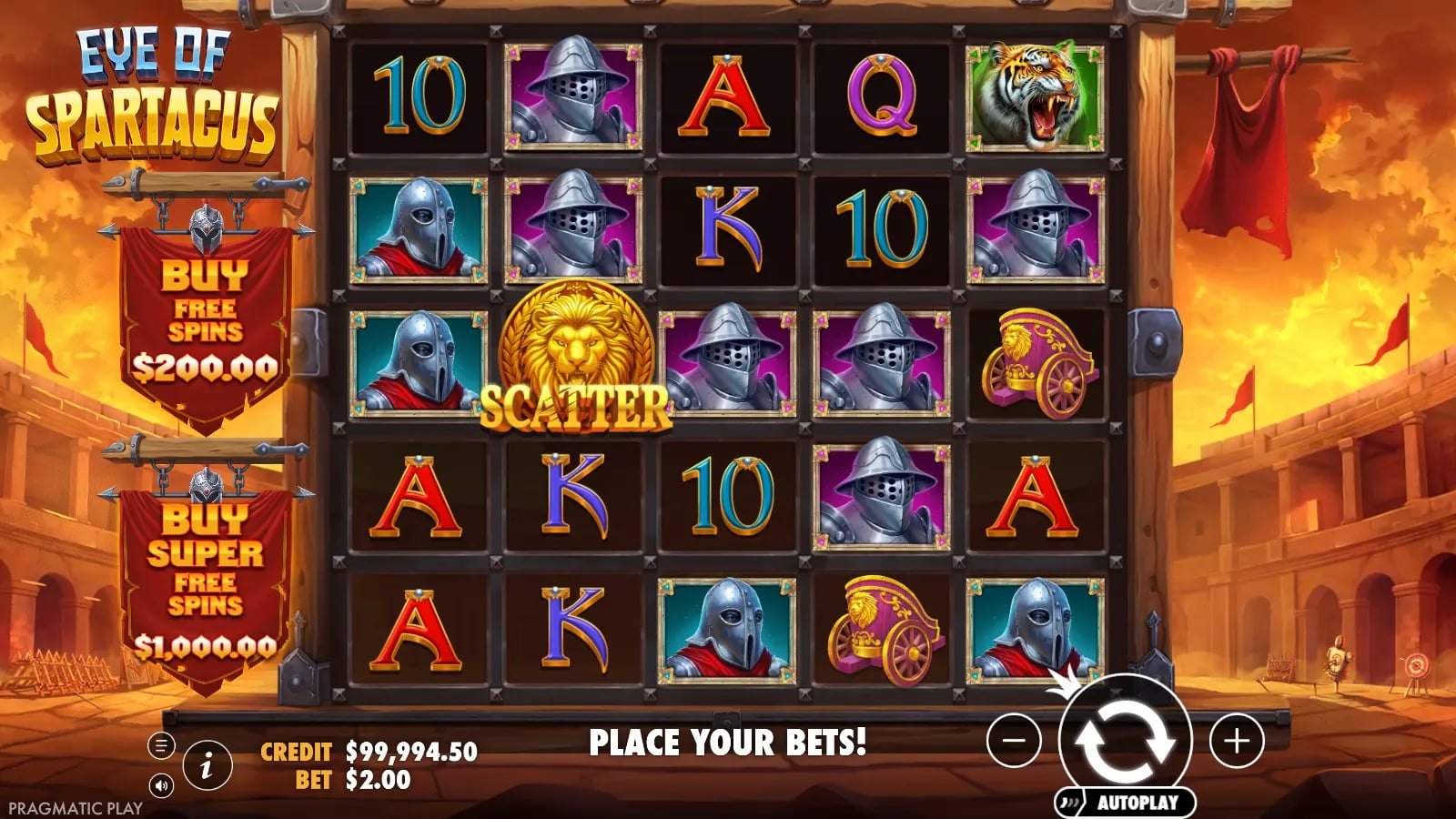 Eye of Spartacus later ordinary 5×5 board with one golden lion Scatter and no active bonus counter.
