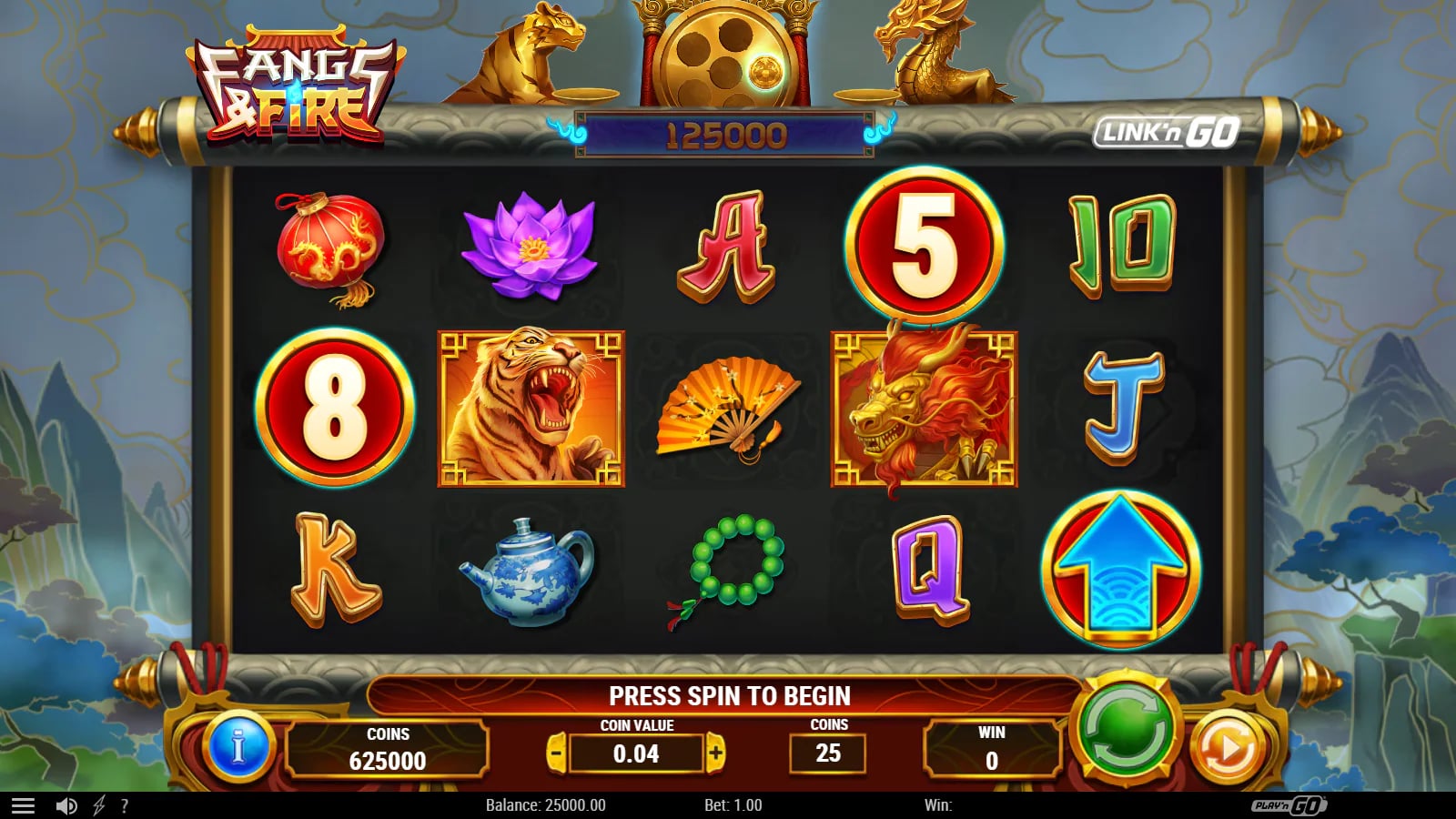 Fangs & Fire official demo opening with numbered and arrow Gongs on a five-by-three board