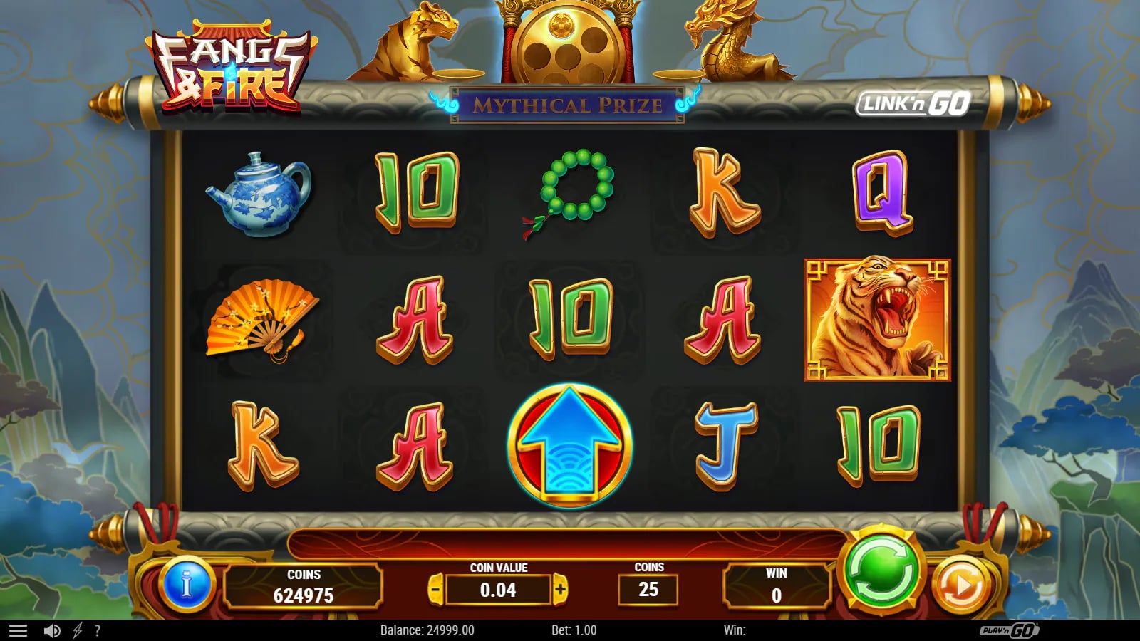 Ordinary Fangs & Fire spin under a Mythical Prize header with no credited win
