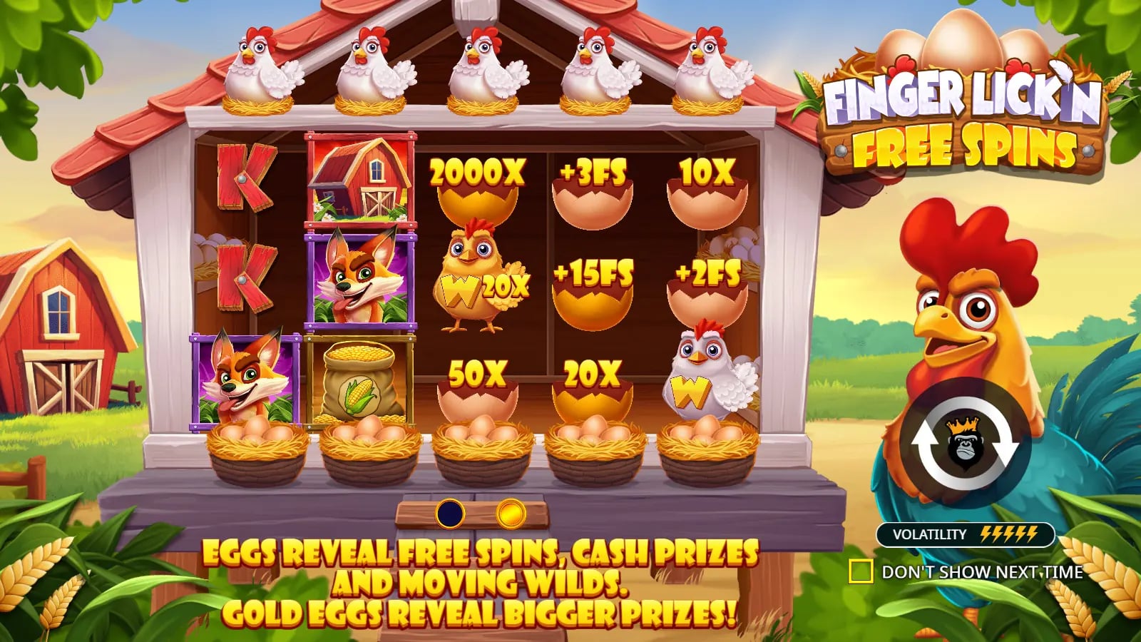 Finger Lick’n Free Spins illustrated introduction with five hens and example egg rewards