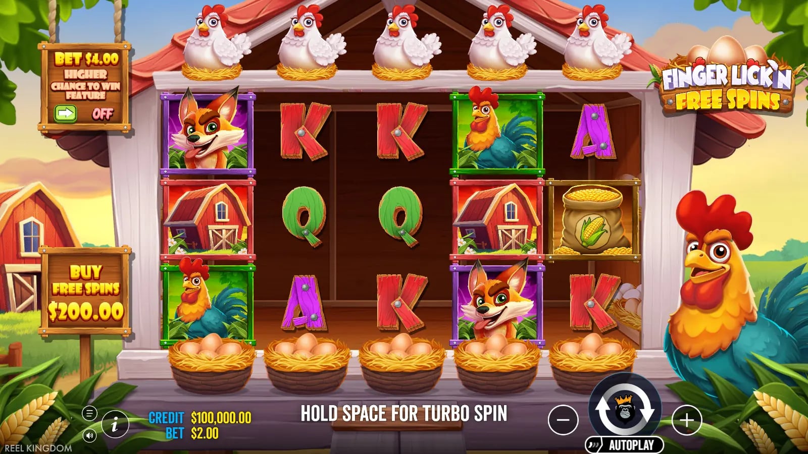 Finger Lick’n Free Spins ordinary farm-themed base screen with hens above five reels