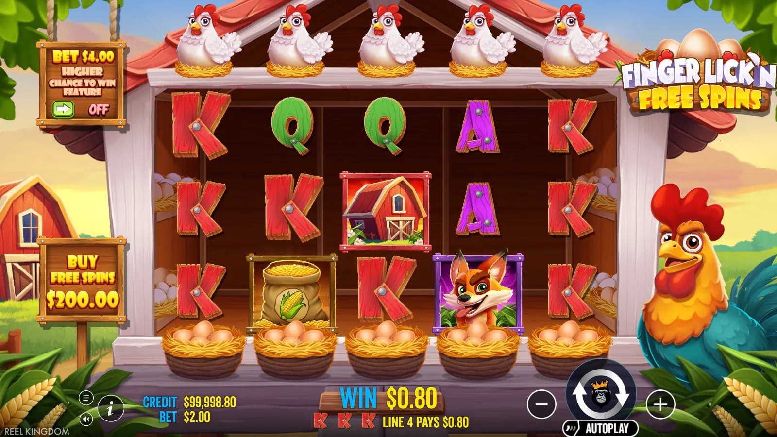 Finger Lick’n Free Spins later base result showing a small K-symbol line win