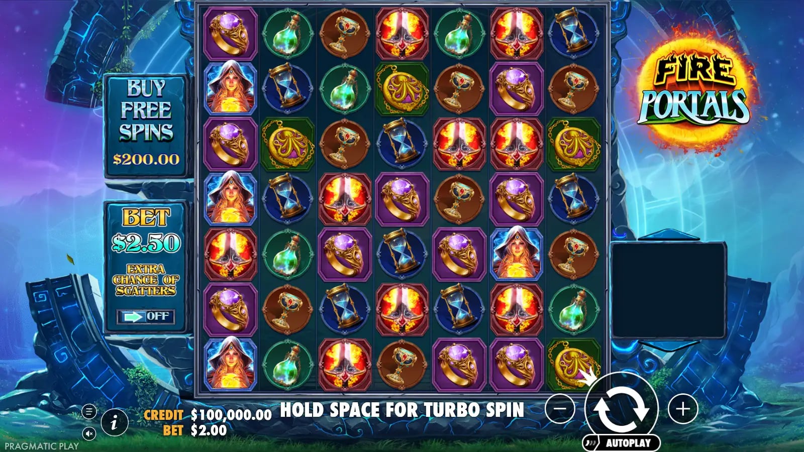 Fire Portals settled 7 by 7 base grid before a virtual $2 spin, with the $200 Free Spins purchase control visible.