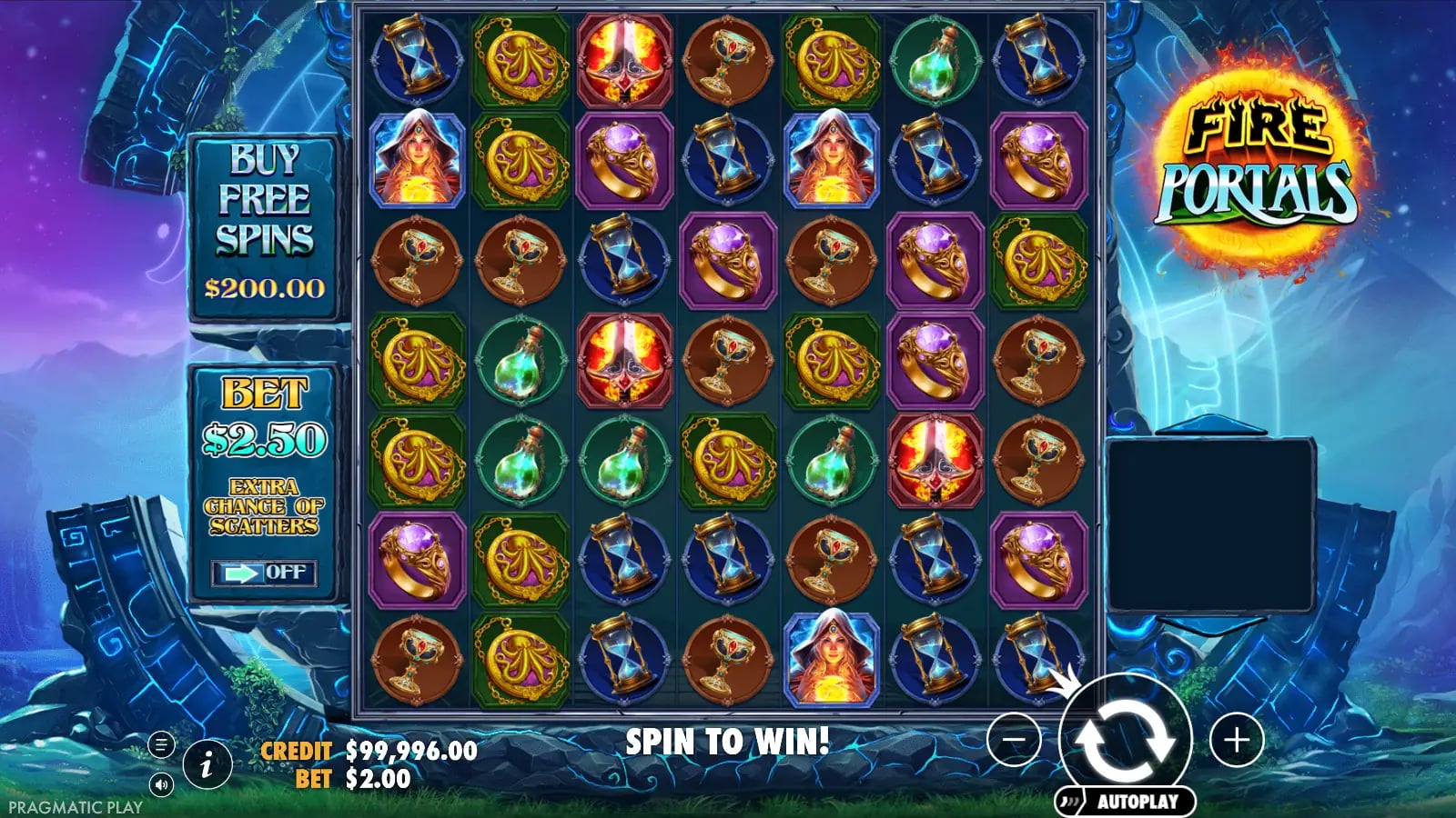 Fire Portals third settled ordinary grid with $99,996 virtual credit, $2 bet and no visible bonus or portal result.
