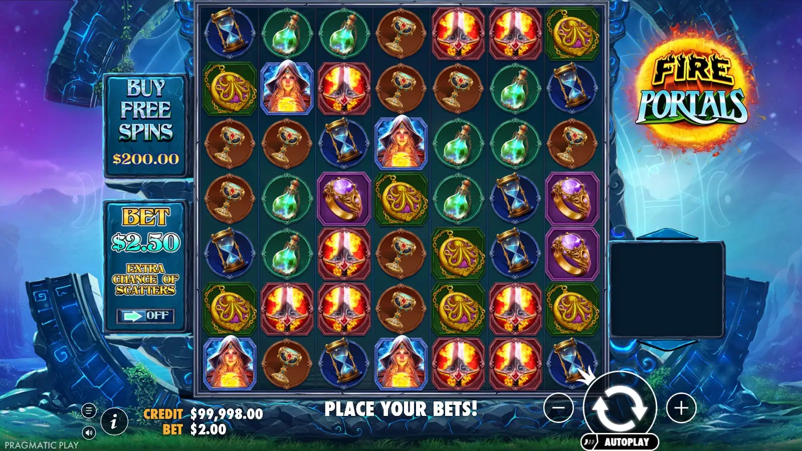 Fire Portals second settled base-game grid with $99,998 virtual credit and no visible portal multiplier or payout.