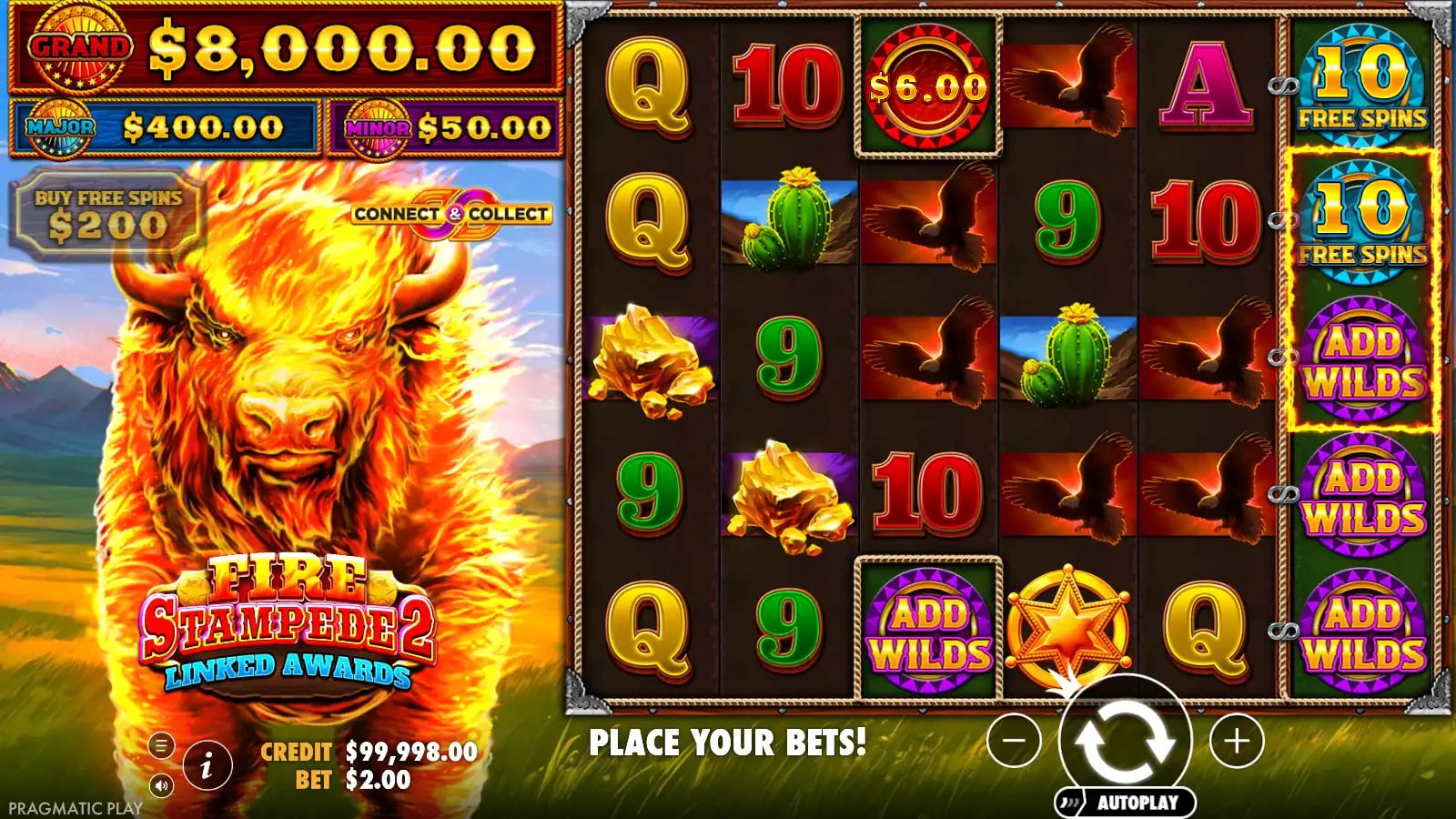 Fire Stampede 2 full playable grid with special prize positions and spin controls