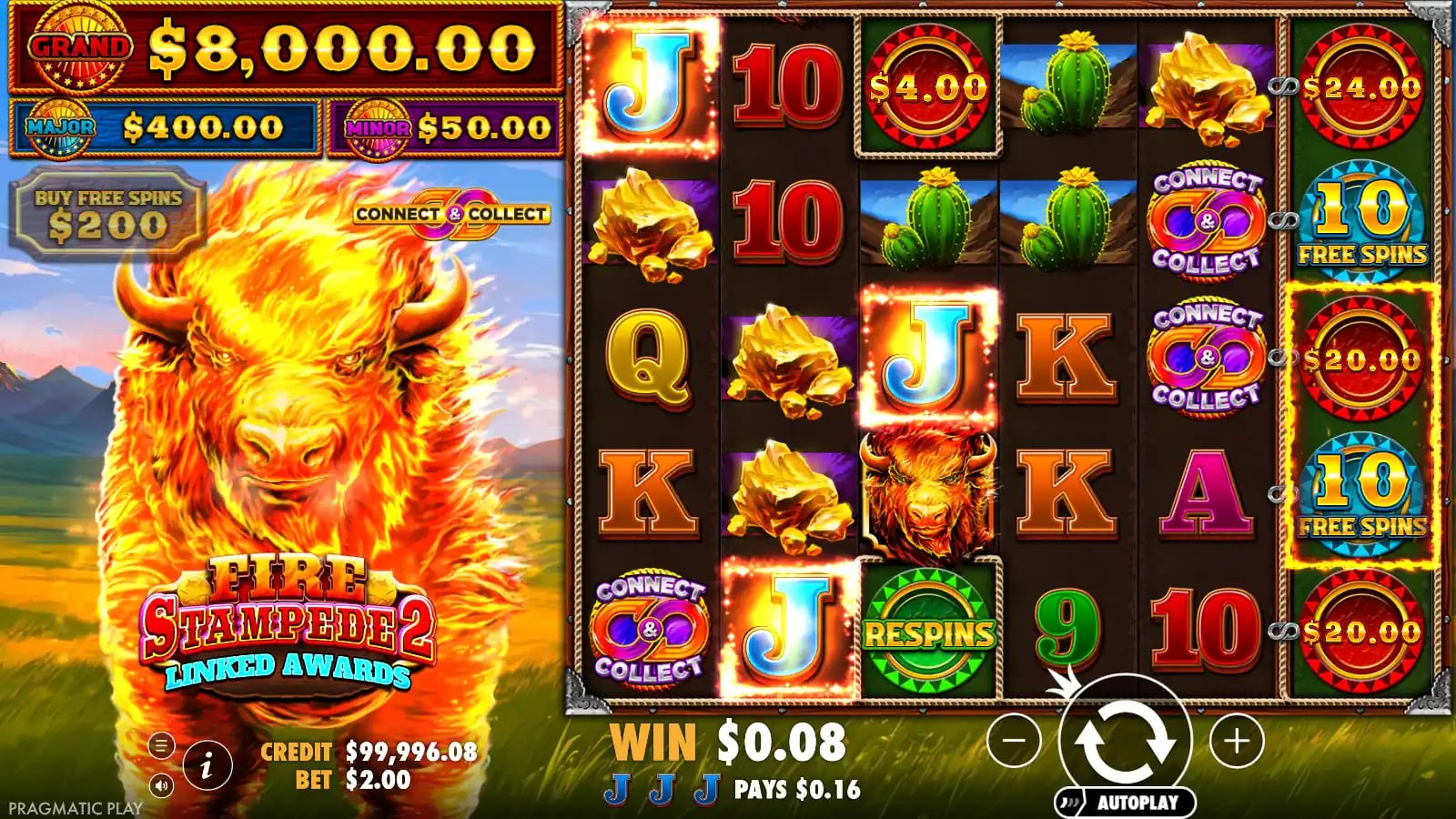 Fire Stampede 2 later settled spin showing Connect and Collect symbols across the grid