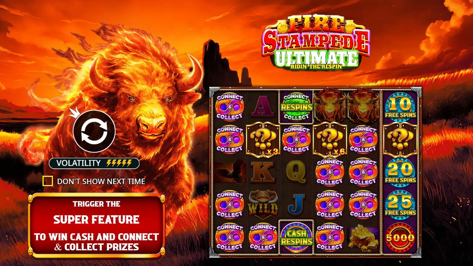 Fire Stampede Ultimate illustrated opening art with flaming buffalo and feature labels, before reels or a payout are shown.