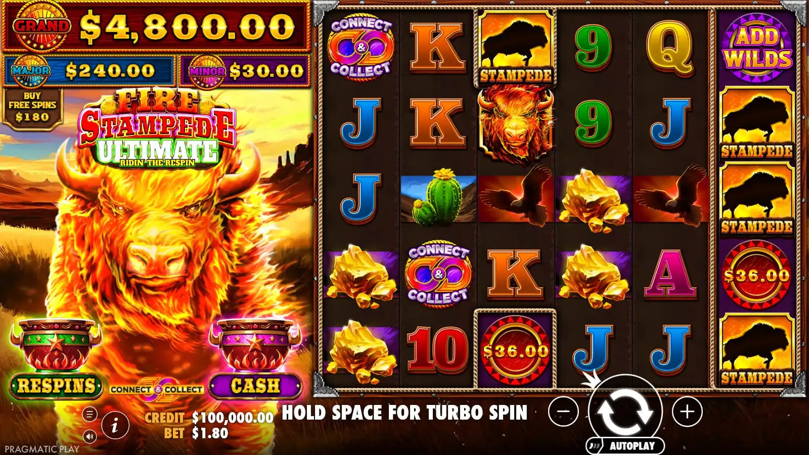 Fire Stampede Ultimate six-by-five ordinary demo board at $1.80 virtual bet with two Connect & Collect symbols and special reel six.