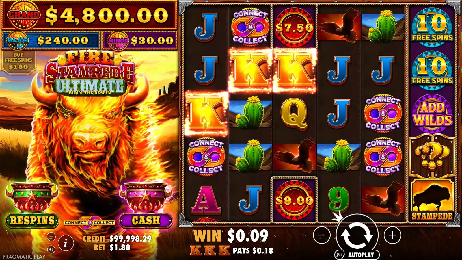 Fire Stampede Ultimate later base-game frame showing coin symbols on reel three and feature labels on reel six during a win animation.