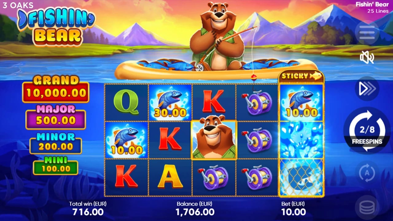Fishin' Bear: Free Spins field with a locked Bear and sticky fifth reel