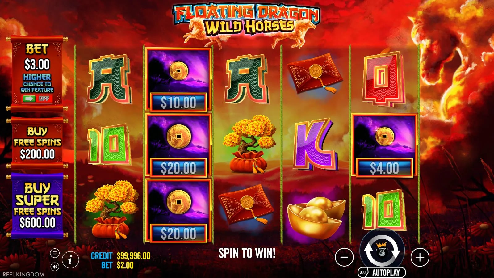 Floating Dragon Wild Horses base reels with three cash-value coin symbols