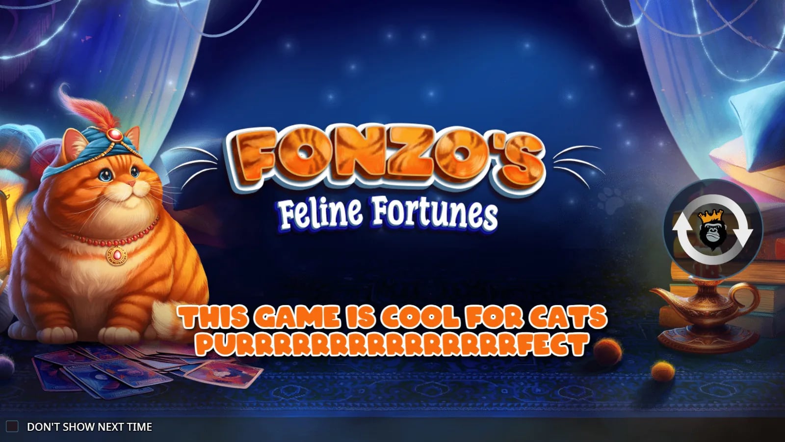 Fonzo’s Feline Fortunes title splash with Fonzo the cat and no visible reels.