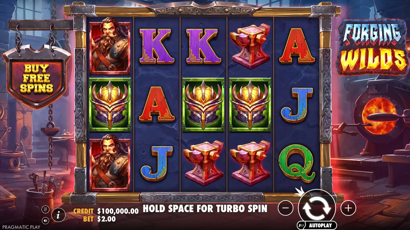 Forging Wilds live five-by-three base reels with blacksmith, helmet and anvil symbols, the Buy Free Spins option and complete controls.