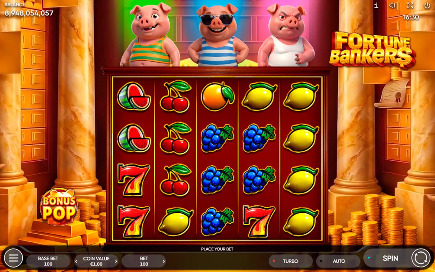 Fortune Bankers base game with three pig bankers and fruit symbols on 5x4 reels
