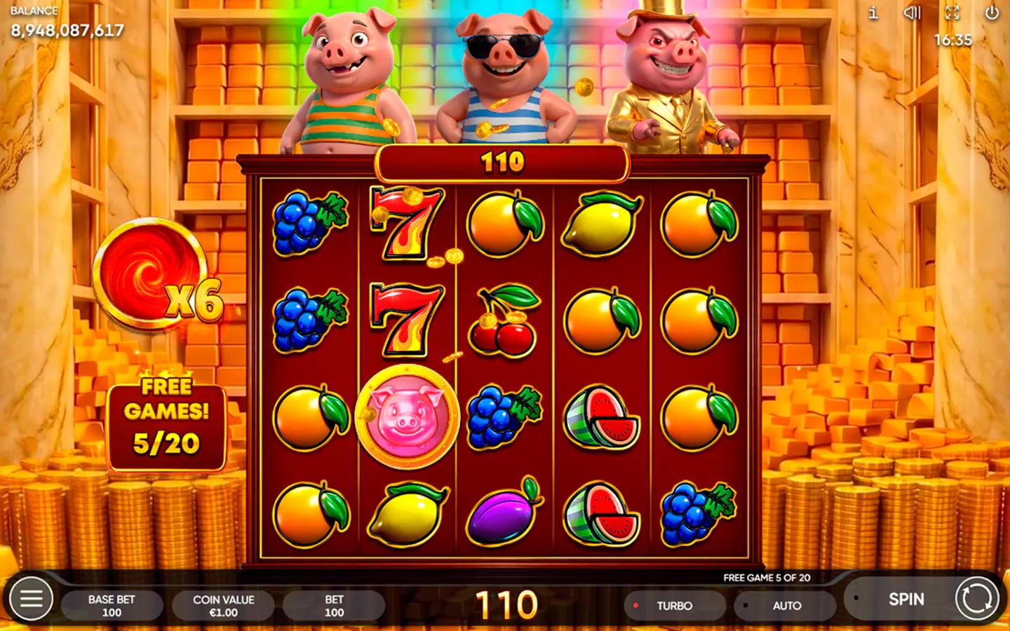 Fortune Bankers cascading win with the Free Games multiplier increased to six times