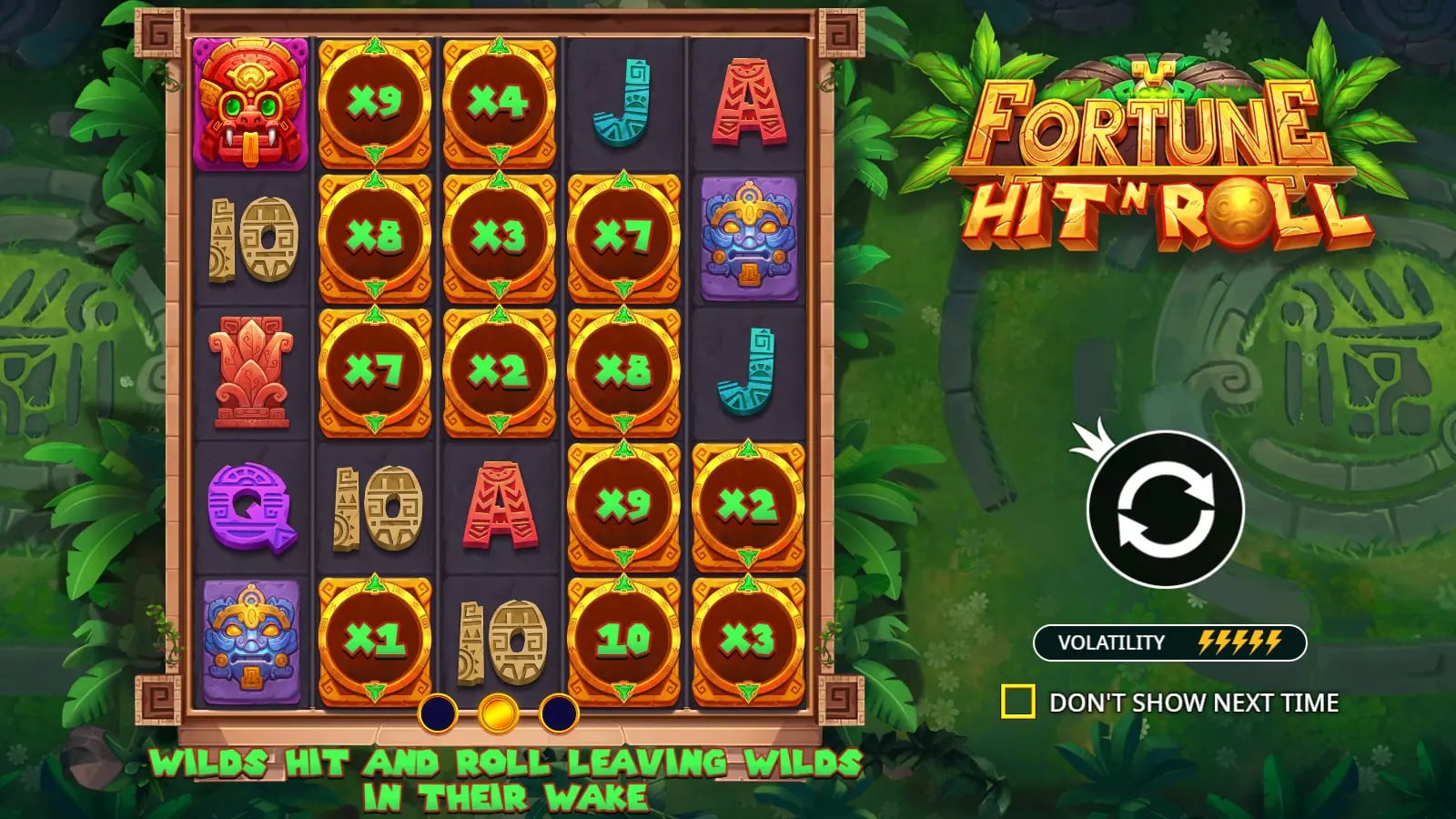 Fortune Hit’n Roll illustrated pre-play panel with example Wild multipliers