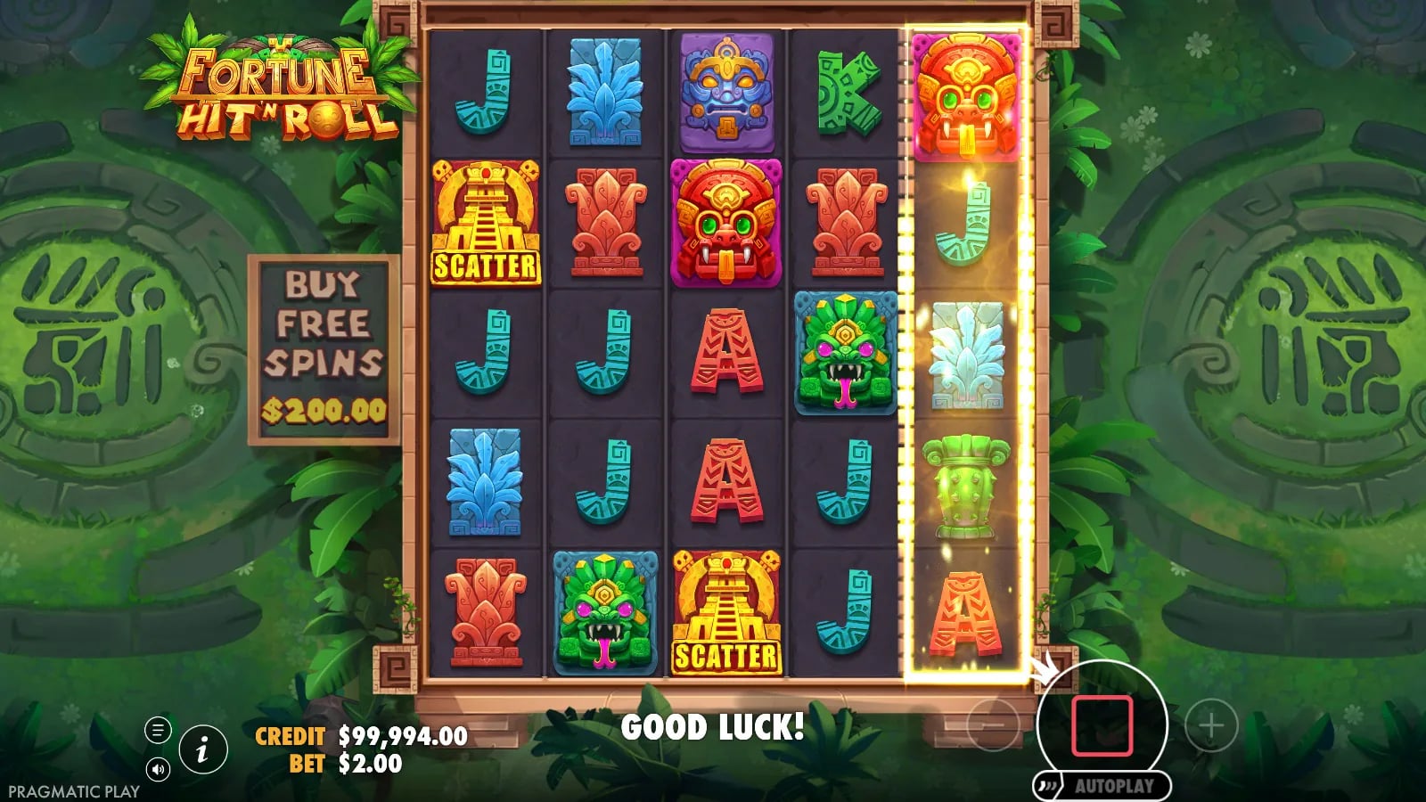 Fortune Hit’n Roll base spin with two Scatters and a highlighted fifth reel