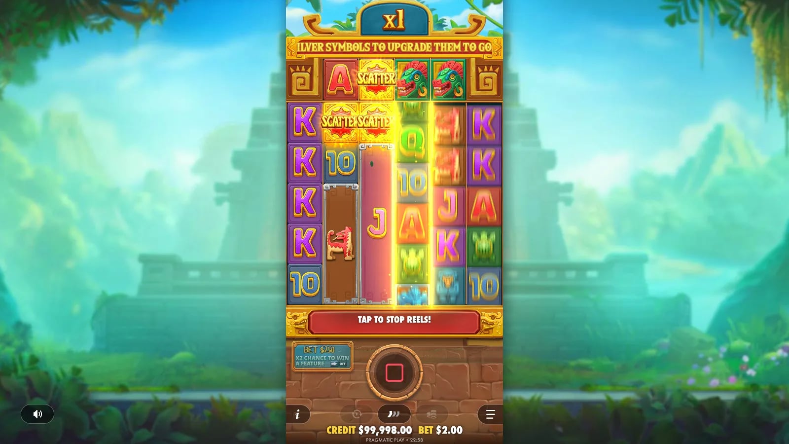 Fortune of Aztec playable six-reel grid with multiplier and controls visible