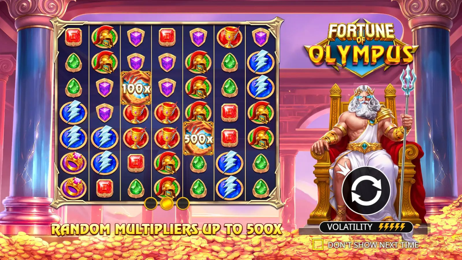 Fortune of Olympus official demo opening with Zeus inside a gold throne room above the reels