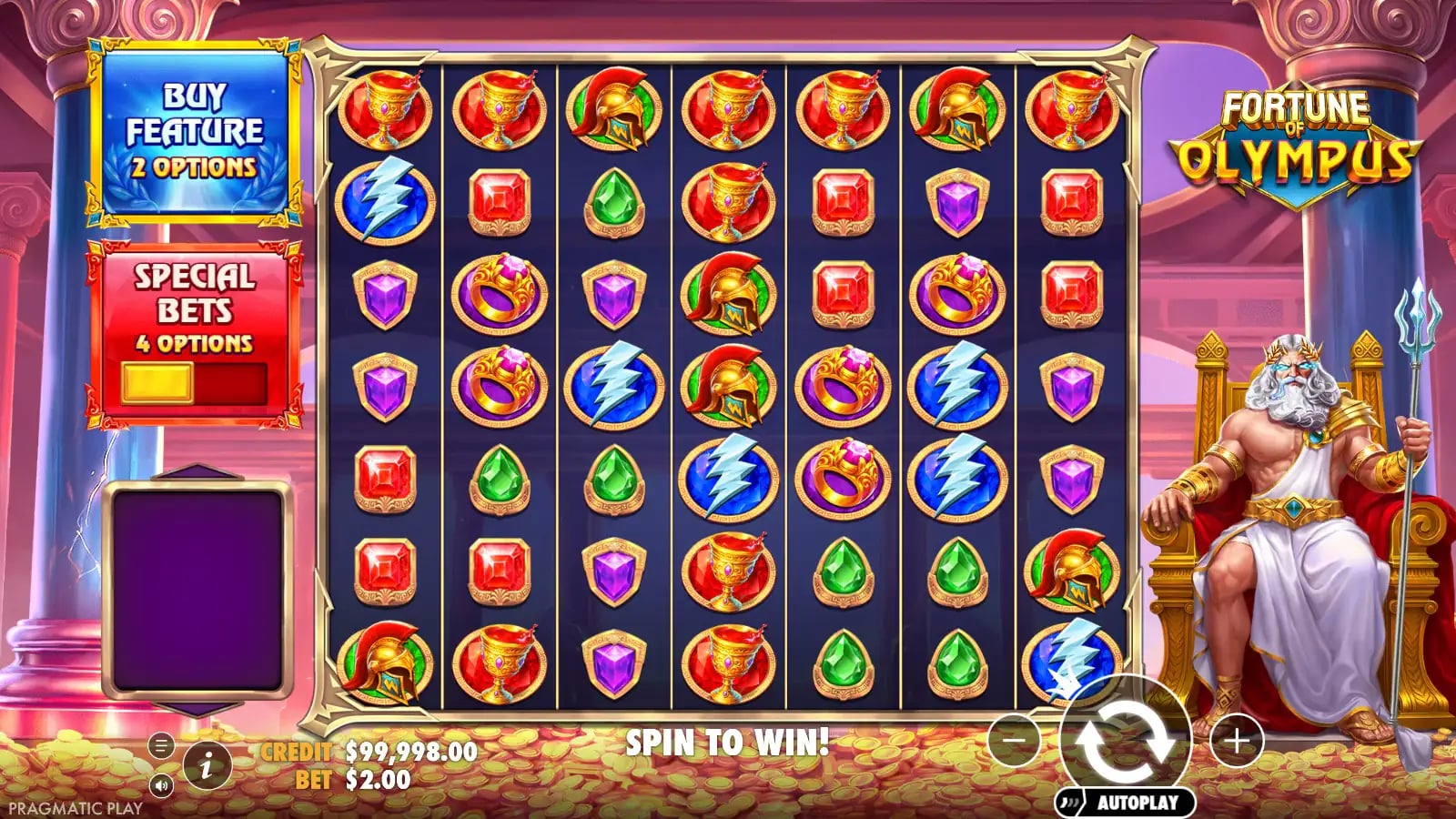 Fortune of Olympus base game showing gems, crowns, goblets and the gold spin control