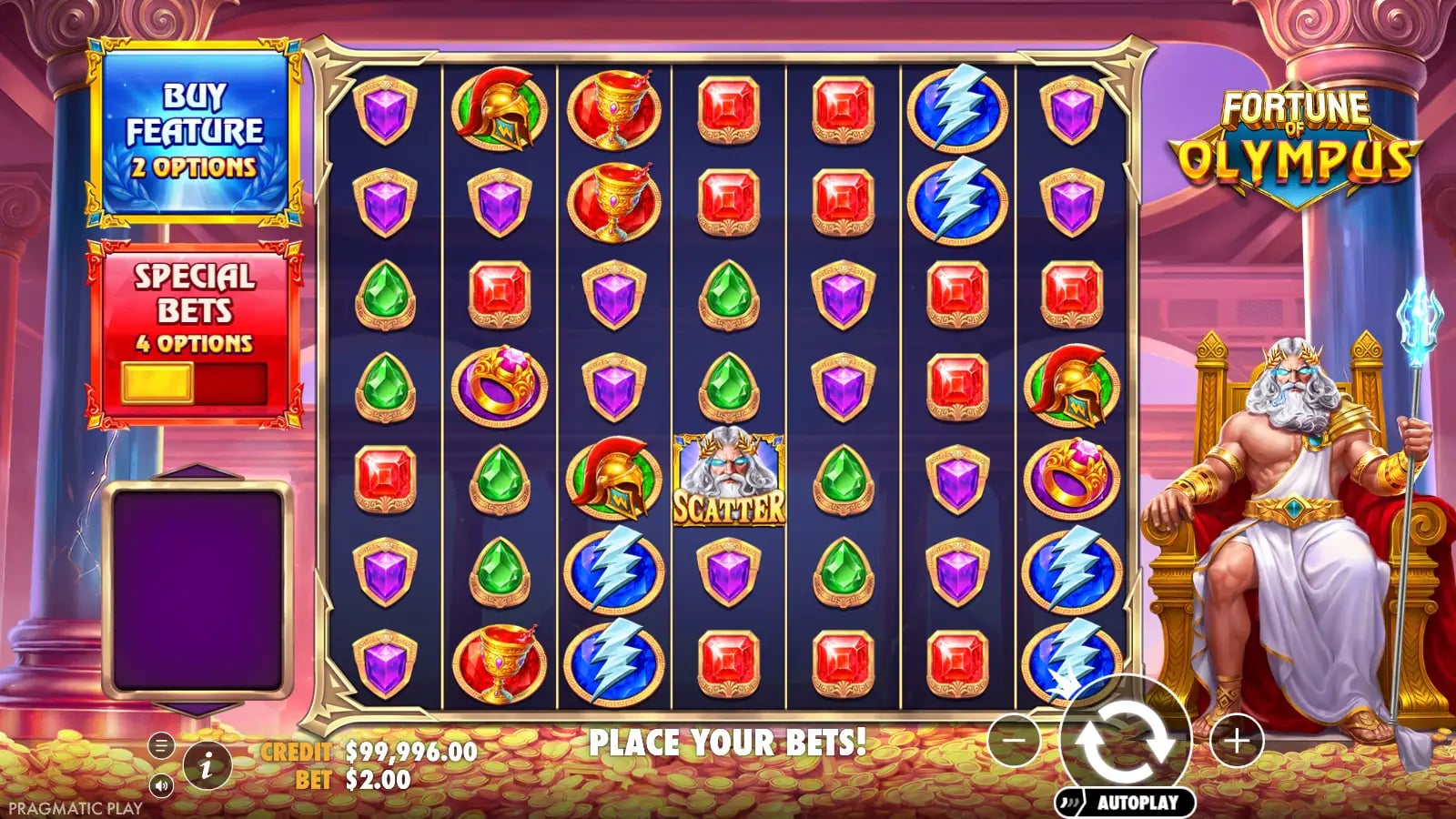 Fortune of Olympus settled tumble with virtual balance, stake and special-bet controls visible