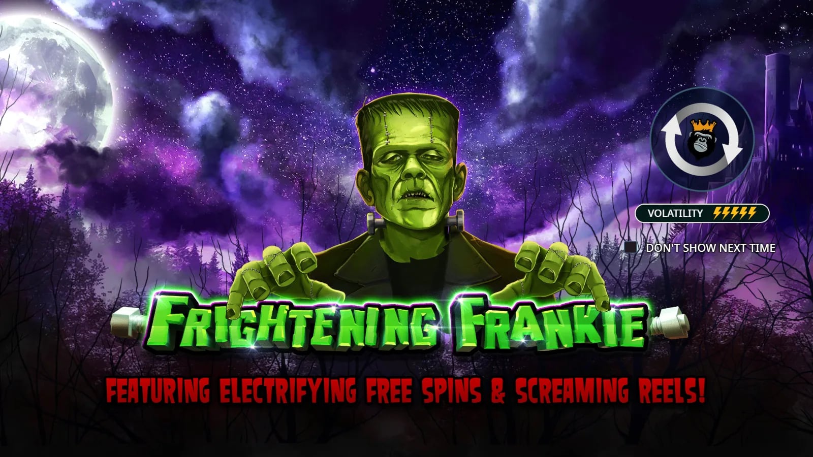 Frightening Frankie title artwork with the green monster under a moonlit sky