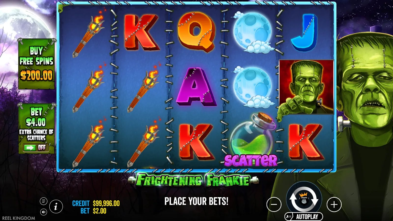 Frightening Frankie later ordinary spin with torch symbols and a Scatter vial