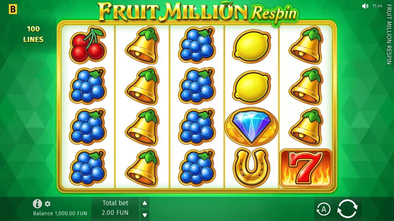 Fruit Million Respin official demo base game showing the full 5x4 reel set and player controls