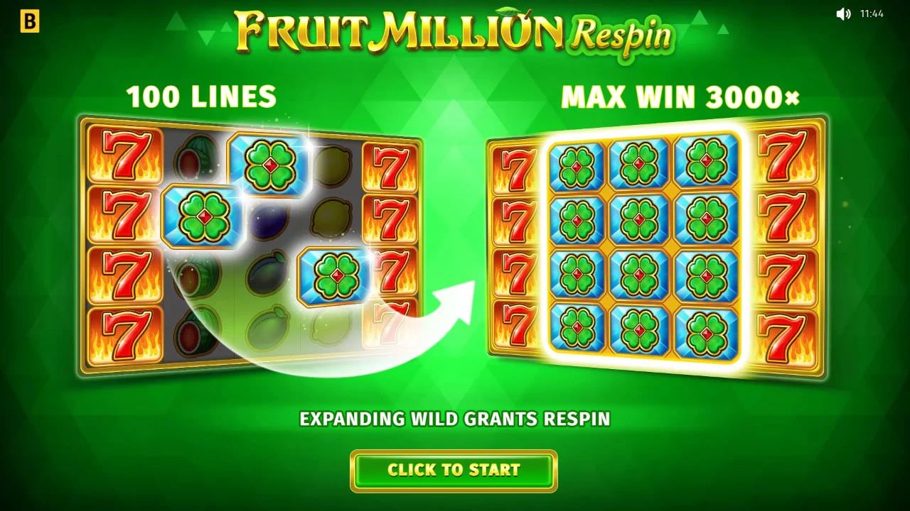 Fruit Million Respin official demo introduction explaining the expanding Wild respin across the 100-line grid