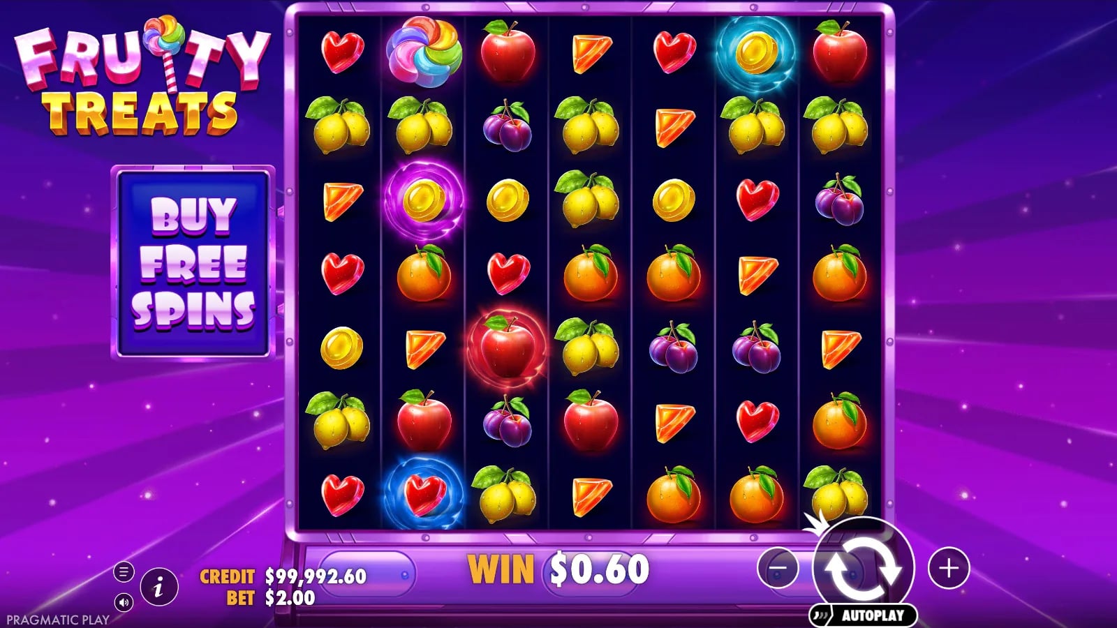 Fruity Treats later official spin showing a different complete multiplier-grid result