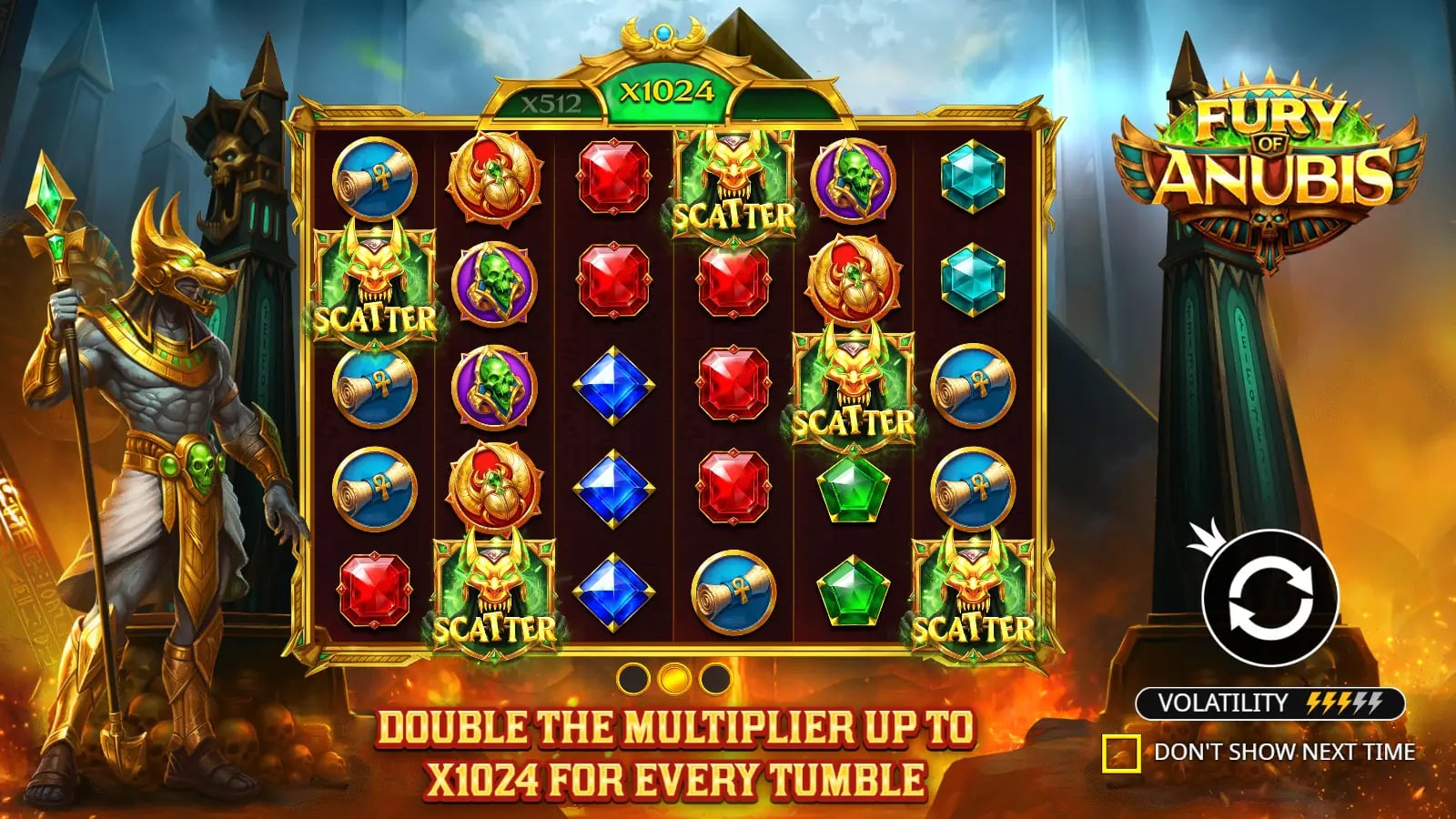Fury of Anubis official demo showing the complete 6×5 Egyptian tumble grid