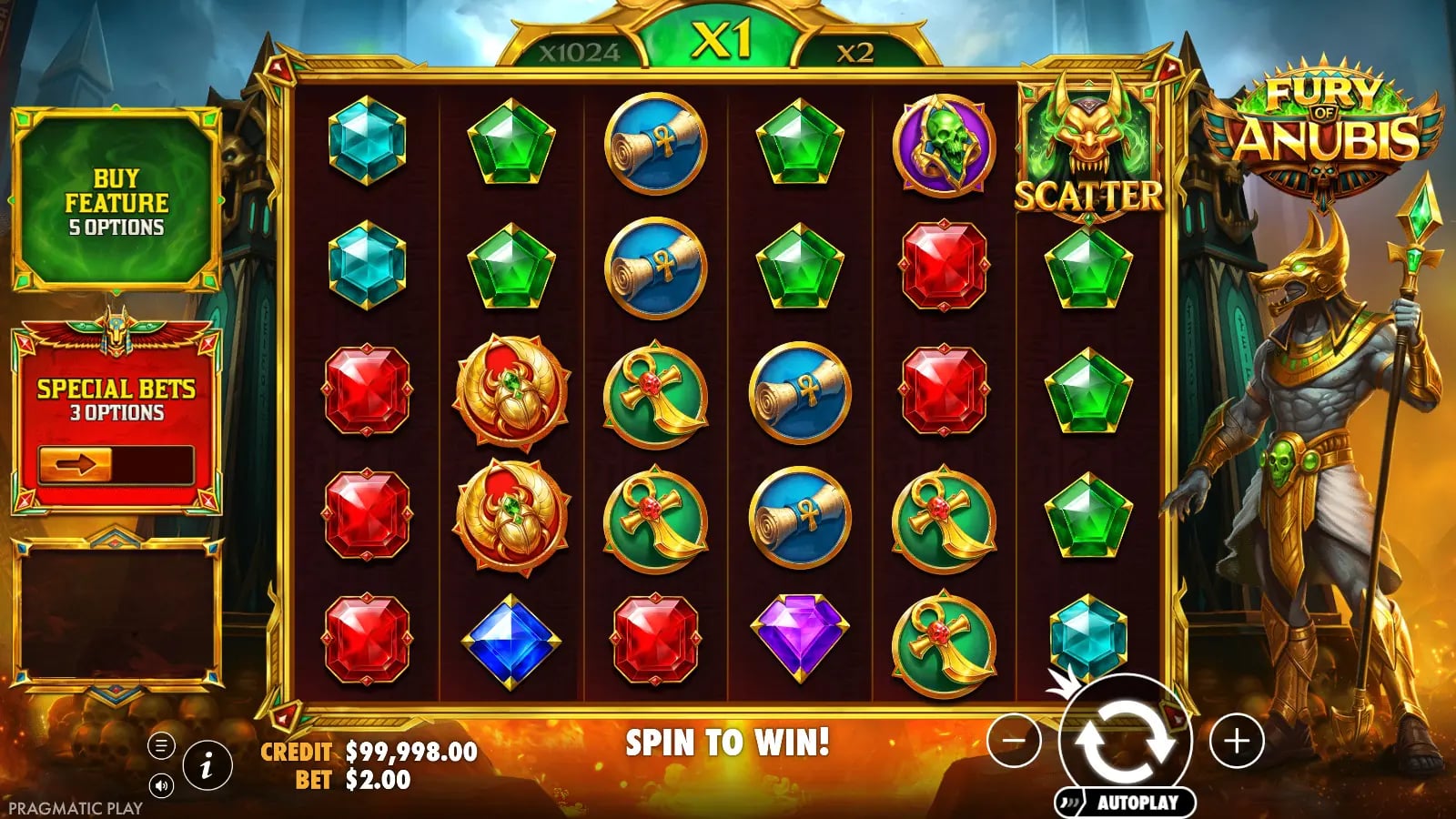 Fury of Anubis base tumble with matching Egyptian symbols and the multiplier above the reels