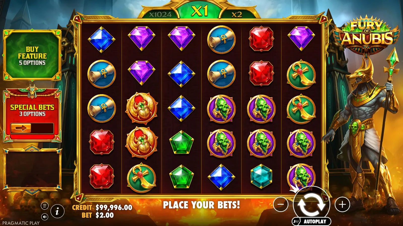 Fury of Anubis official gameplay showing Scatters and the full Free Spins information panel
