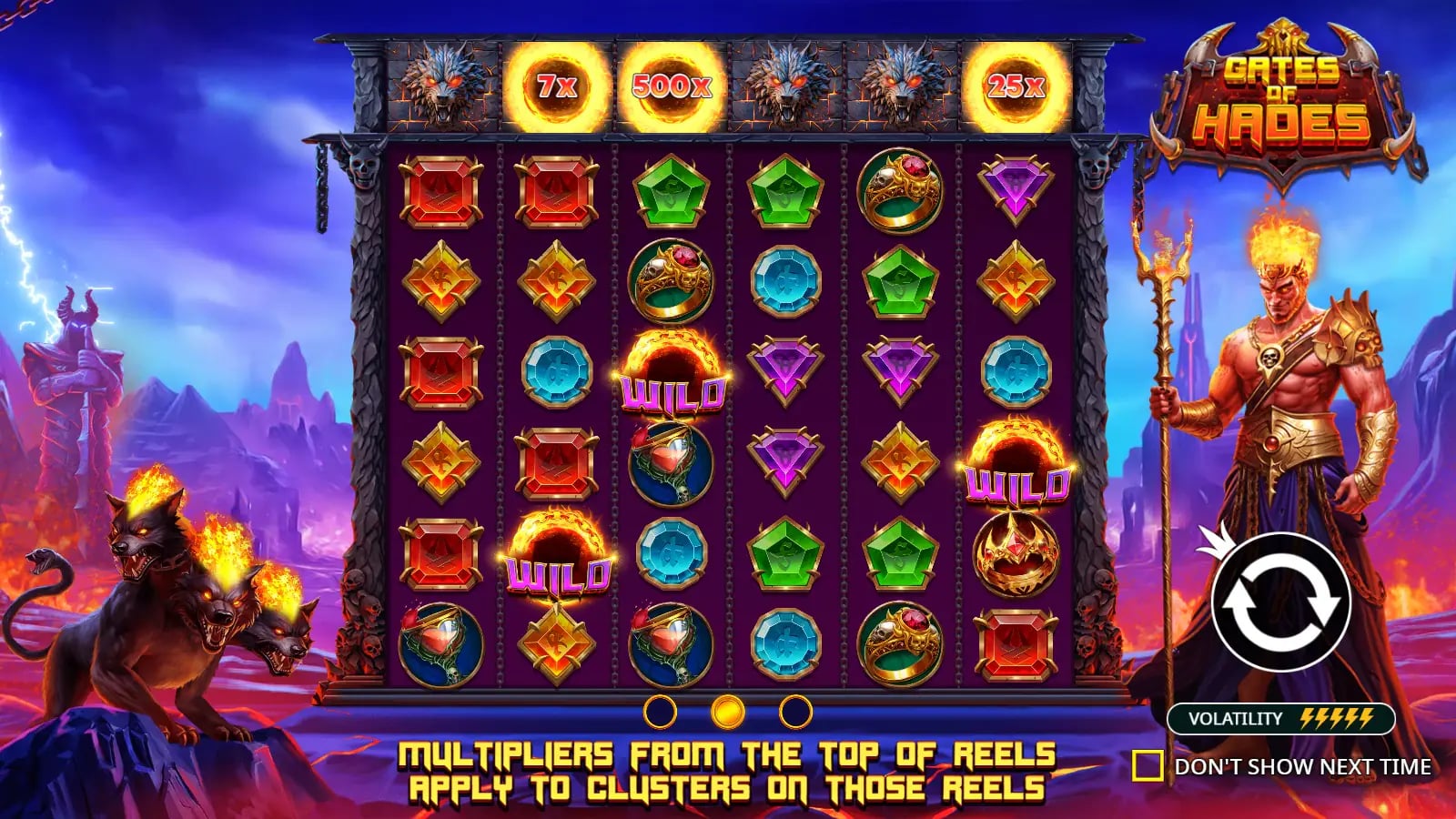 Gates of Hades rules opening with 7×, 500× and 25× above separate reels and an instruction linking multipliers to clusters on those reels.