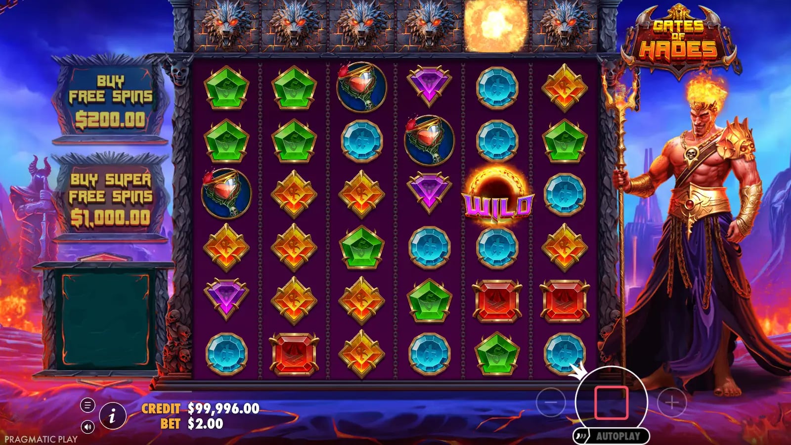 Gates of Hades ordinary 6×6 demo board in motion with one Wild, a $2 virtual bet and two feature-purchase controls.
