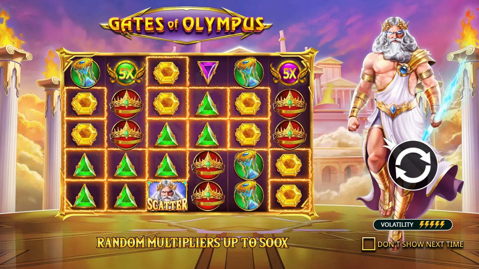 Gates of Olympus instructional Zeus screen with two illustrated 5× urns and highlighted gold symbols.
