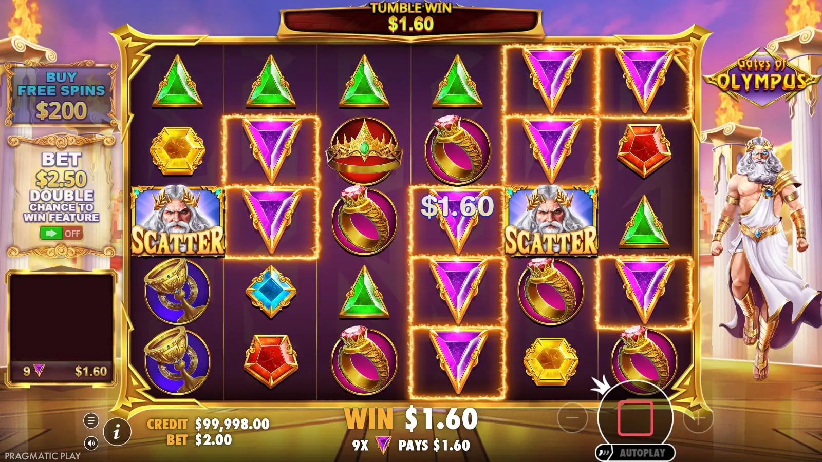 Gates of Olympus ordinary nine-purple-symbol tumble win of $1.60 with two Scatters visible.