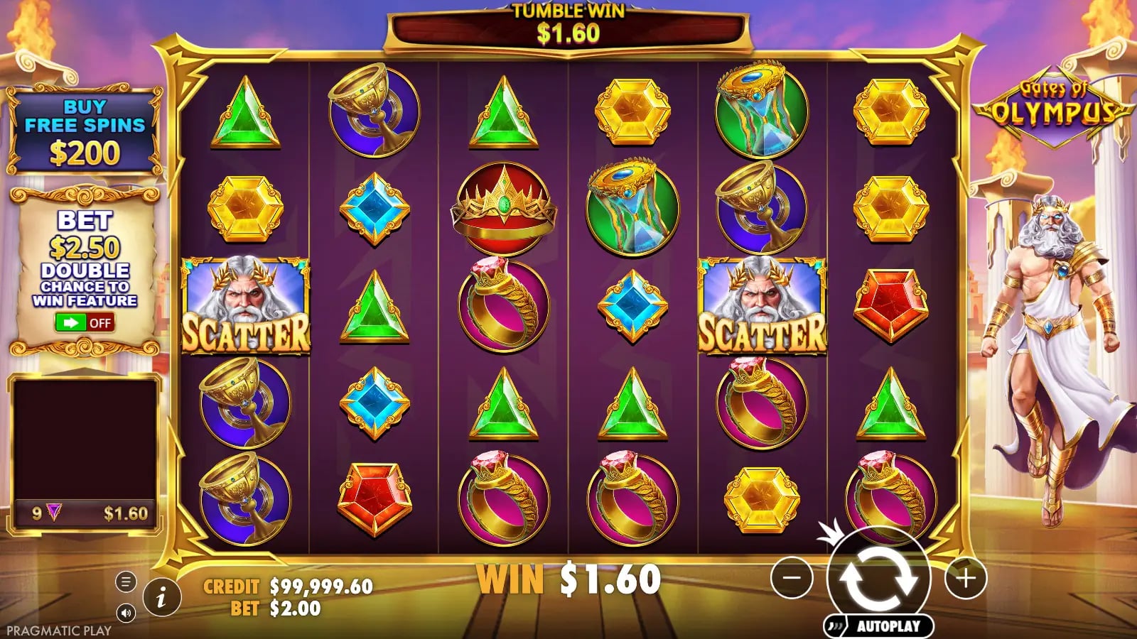 Gates of Olympus changed ordinary board retaining the $1.60 tumble win and two Scatters.