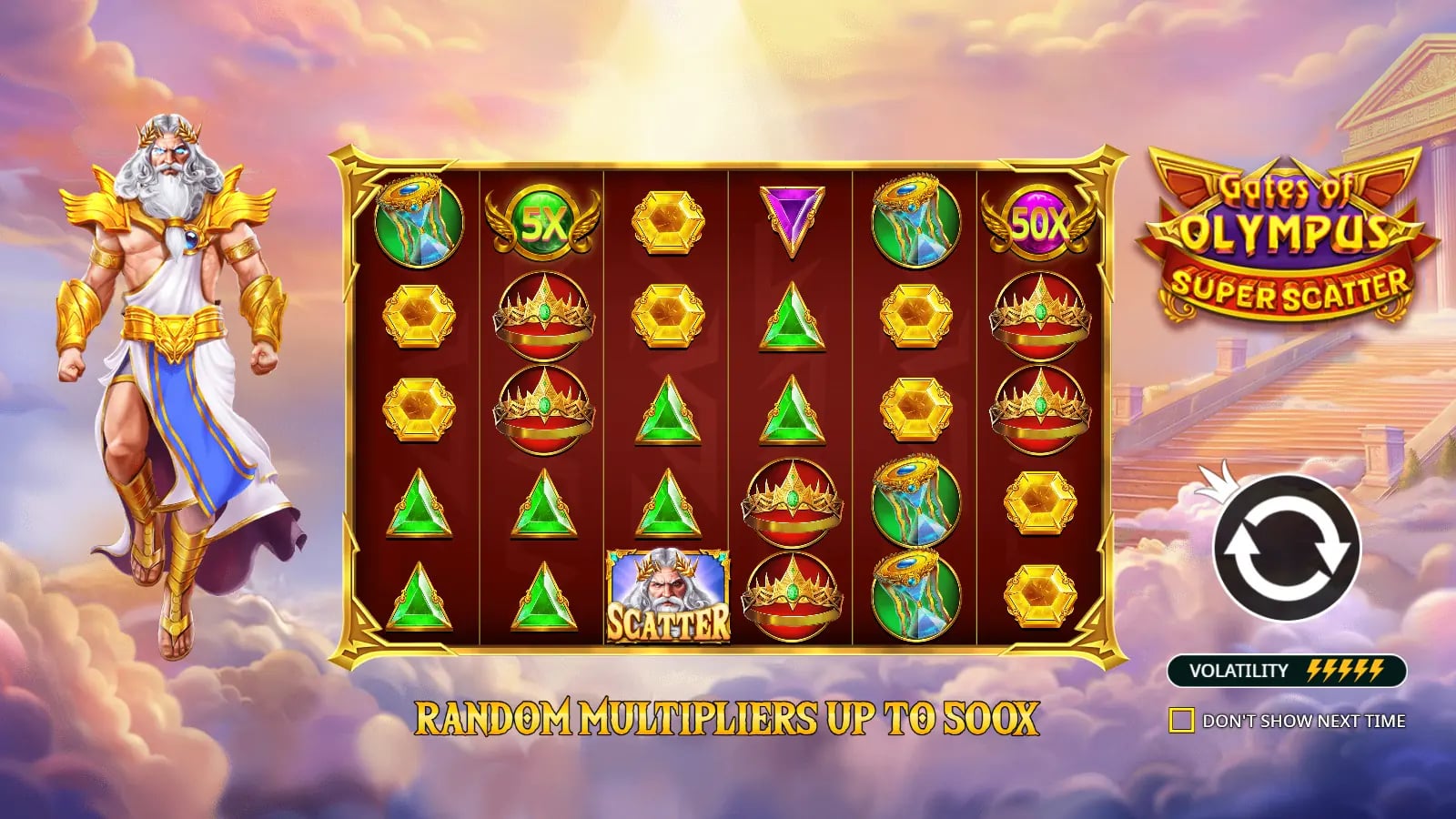 Gates of Olympus Super Scatter tutorial screen with Zeus, a six-reel grid and example multiplier symbols.