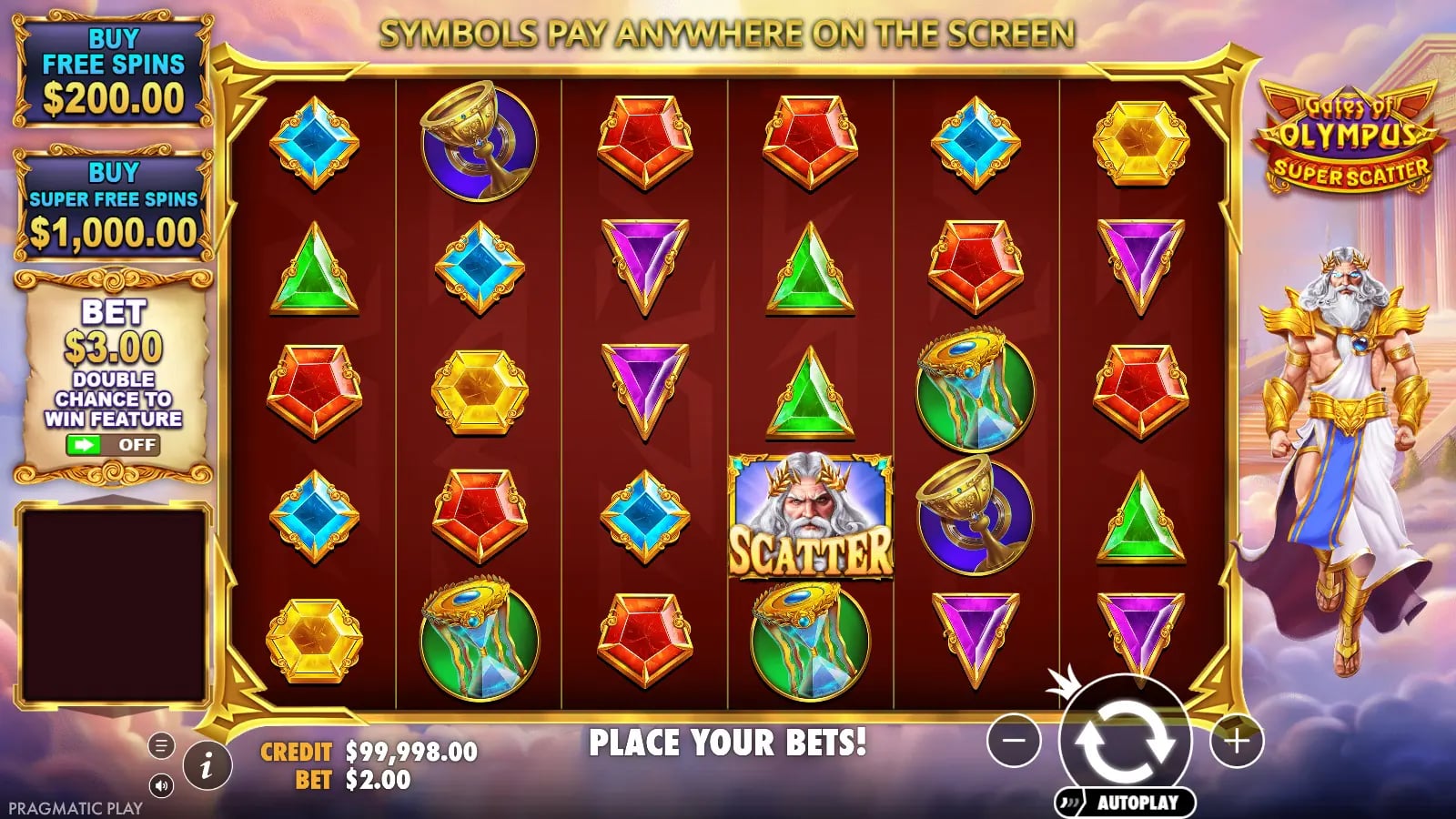 Gates of Olympus Super Scatter base-game grid with one Zeus Scatter and optional feature-buy controls.
