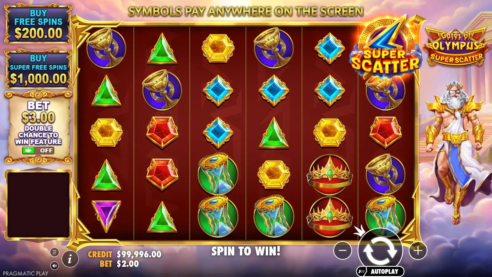 Gates of Olympus Super Scatter base-game screen with a Super Scatter graphic by the sixth reel.