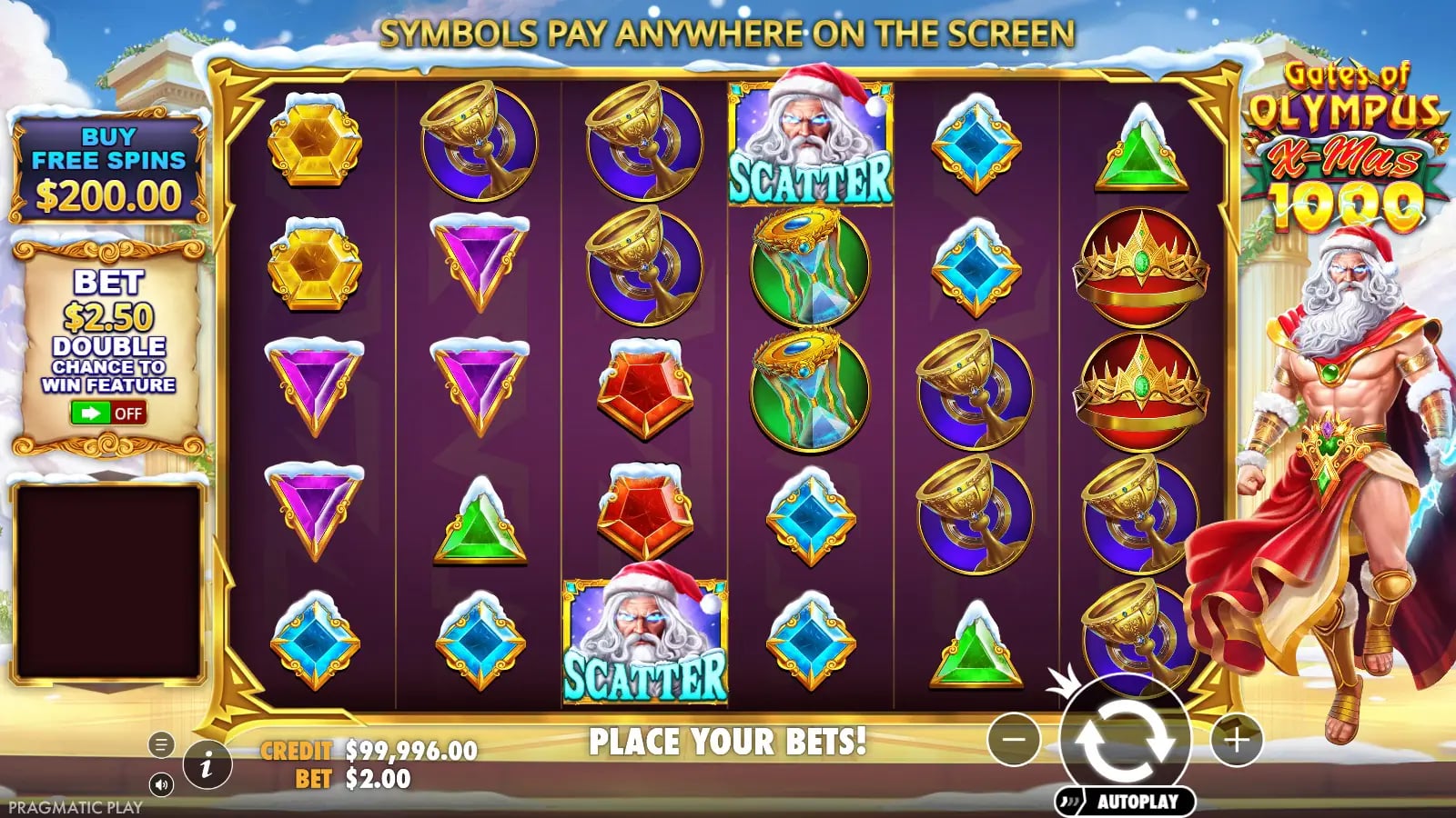 Gates of Olympus Xmas 1000 live six-by-five base-game board with two Scatters, festive symbols and virtual-credit controls.