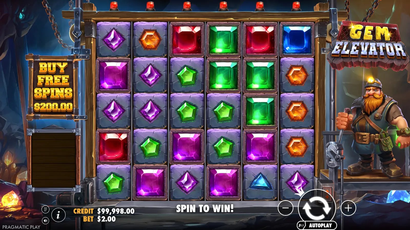 Gem Elevator ordinary 6×5 base board with $200 Free Spins buy option at a $2.00 virtual bet.