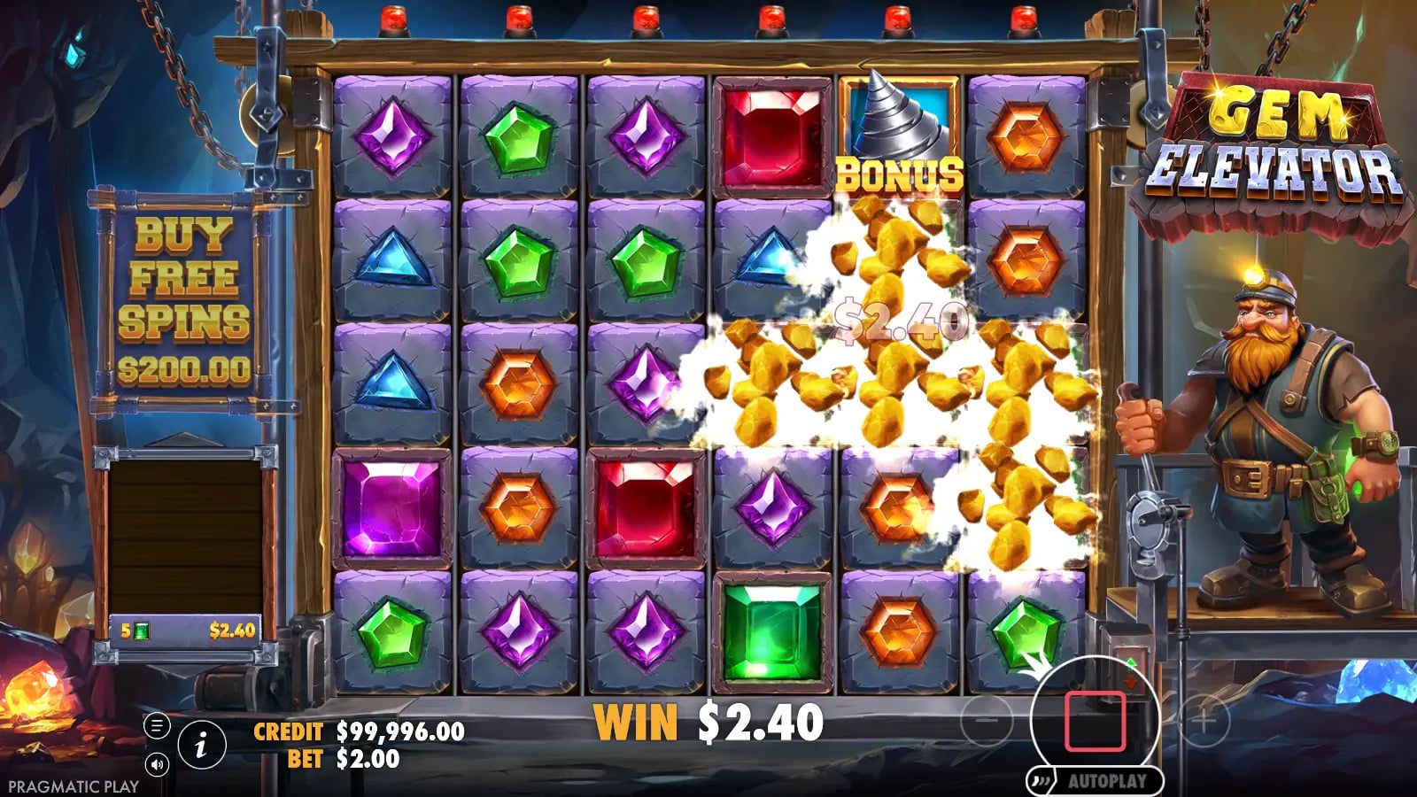 Gem Elevator base-game green-gem cluster result showing WIN $2.40 and one Bonus drill icon.