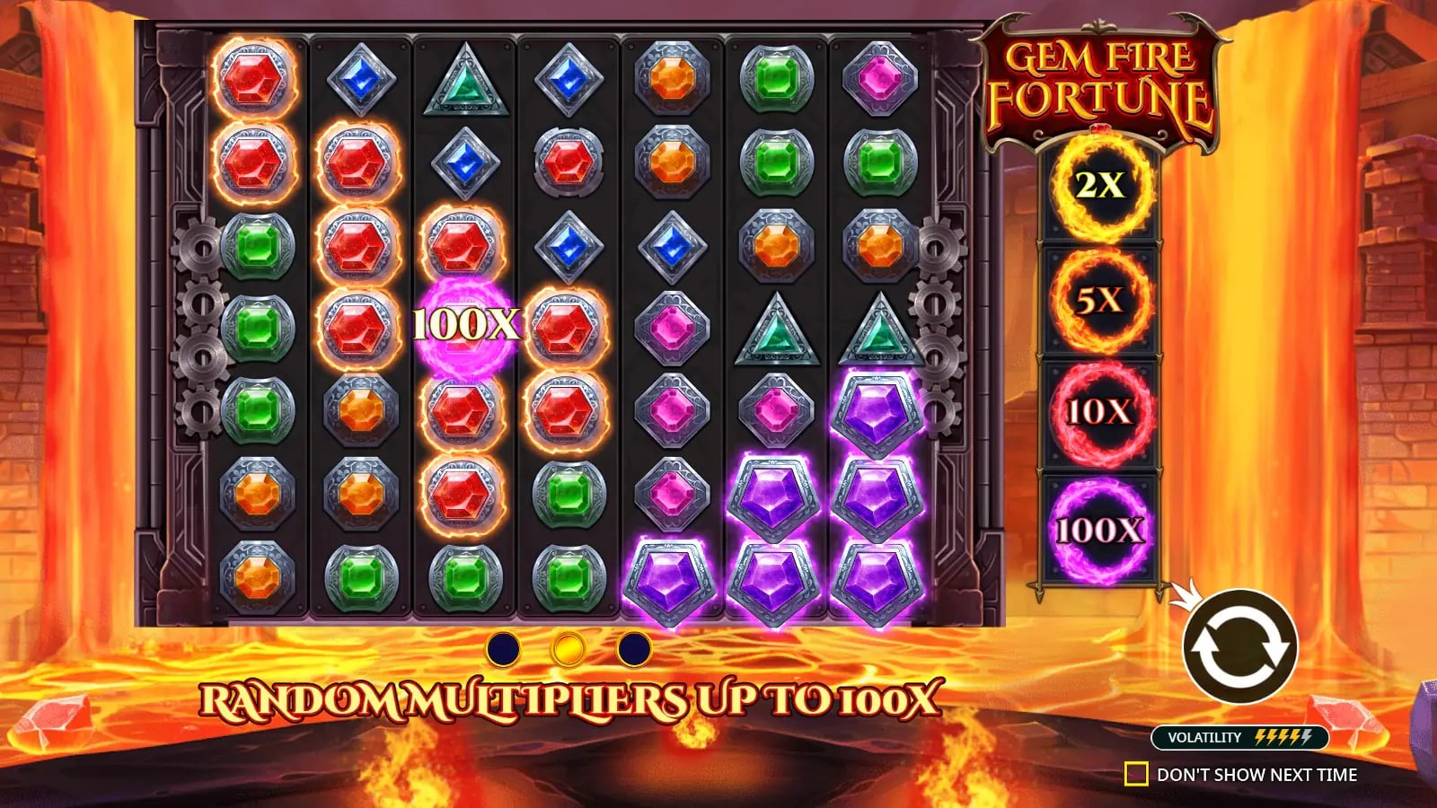 Gem Fire Fortune instructional 7×7 gem board with highlighted clusters and possible multiplier labels.