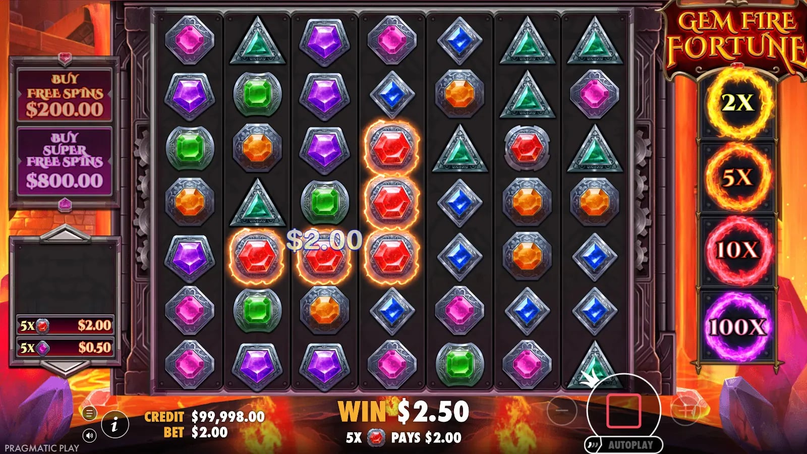 Gem Fire Fortune ordinary 7×7 result with a red five-gem cluster and WIN $2.50 at a $2.00 virtual bet.