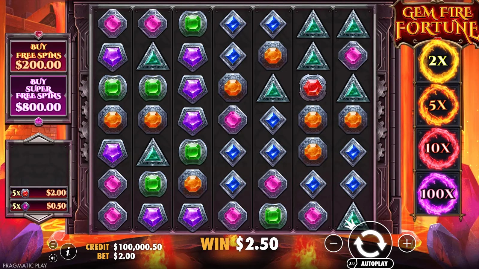 Gem Fire Fortune changed 7×7 base board with the earlier WIN $2.50 readout still visible.