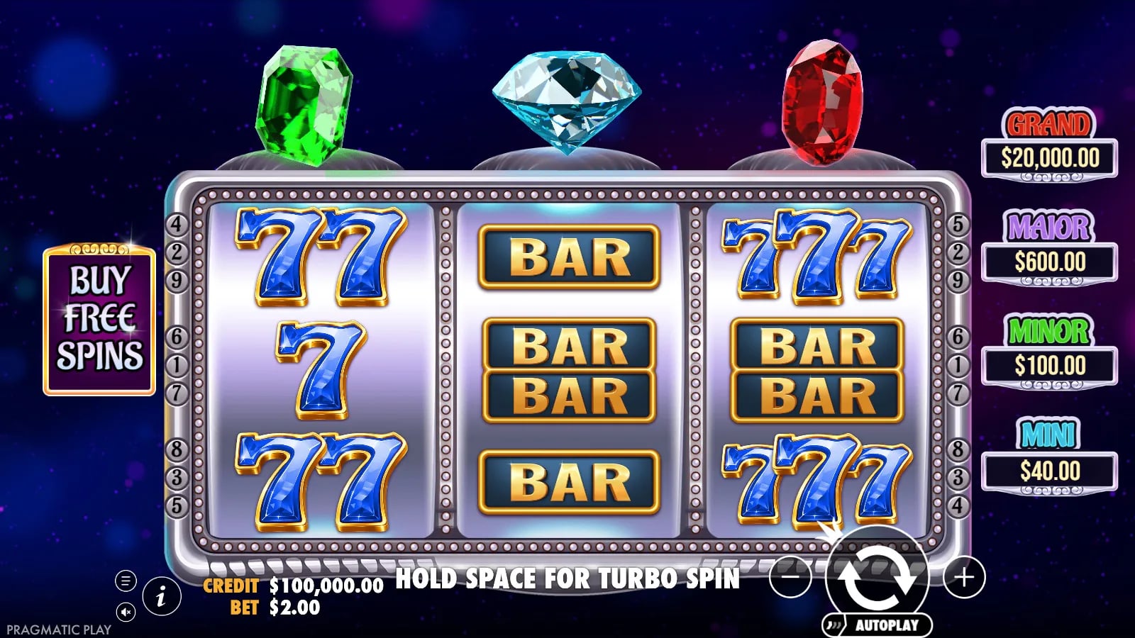 Gem Trio ordinary 3×3 reels with blue seven and BAR symbols